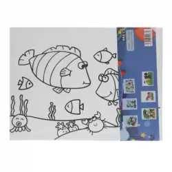 Basic Stretched Canvas Painting Board with 6 Paint Colors and Brush, Pre Drawn Fish Outline