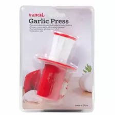 Garlic press with stainless steel grates red