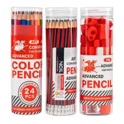 Stationery Kit Of Pre Sharpened HB Pencil And Color Pencil 24pcs With Eraser And Sharpener In Jar- 3 Jar