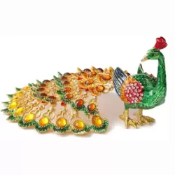 Crystal Enameled Wide Open Peacock Wings Down Figurine Trinket Box Jewelry Storage- Green