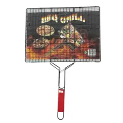 Folding Hand Held Portable BBQ Grill Net, Stainless Steel Grill With Removable Wooden Handle- Black