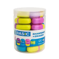 Basic 2 in 1 Sharpener And Eraser in 5 Mixed Colors- 12pcs
