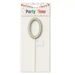 Party Time Number Zero Pearl Designed Birthday Cake Toppers- White