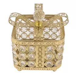 Vintage Square Jewelry Box With Crystal Stone in Metal Frame And Bow Knot Lid- Golden