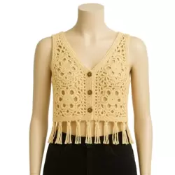 Sleeveless Cutout Solid Knitted Crochet Cropped Top for Women- White