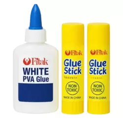 Fitak Liquid White PVA Glue 40gms With 2 Non Toxic Glue Stick 23gms- 3pcs Set