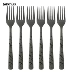 Kovar Sleek Black Finish Stainless Steel Dinner Fork With Marble Design Handle- 6pcs