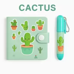 Cute Cartoon Cactus Themed Notebook And Pen Set For Kids- Green