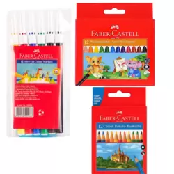 Faber Castell Coloring Kit With 6 Fibre Tip Markers, 12 Jumbo Wax Crayons And 12 Colour Pencil- 3 Packs