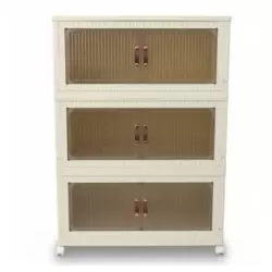 Portable 3 Tier Collapsible Plastic Storage Cabinet With Doors And Wheel- White