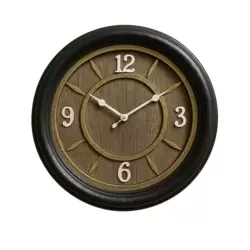 Battery Operated Classic Analogue Wooden Wall Clock With Golden Interior- Black