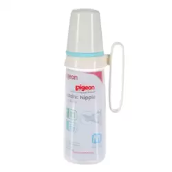 Pigeon Slim Neck Clear Nurshing Plastic Feeding Bottle Medium Flow With White Cap And Handle- 240ml