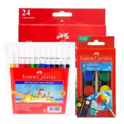 Faber Castell Coloring Kit With 6 Fibre Tip Markers, 24 Colour Pencil And 8 Deckfarben Watercolours- 3 Packs