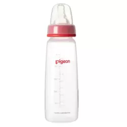 Pigeon Slim Neck Juice Feeder Plastic Clear Bottle With Ultra Soft Silicone Teat And Cap- Red