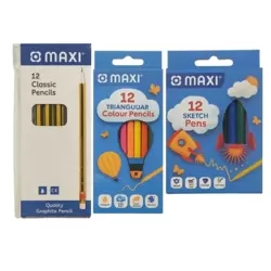 Maxi Stationery Set For School With 12 HB Classic Pencil, 12 Triangular Colour Pencils And 12 Sketch Pens