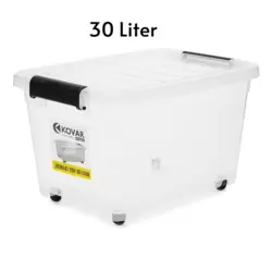 Kovar Plastic Clear Storage Box With Latch Locking Lid and Wheels- 30Ltr