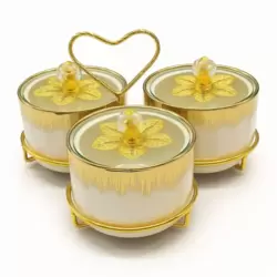 Porcelain Snacks Bowl Set With Glass Lid And A Heart Shaped Golden Steel Stand- 3pcs Set