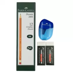 Faber Castell Dessin 2001 12 HB Graphite Pencil, Sharpener And 2 PVC Free Eraser- 15pcs Set