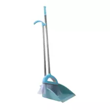Broom and Dustpan set, Plastic and Metal Standing Dustpan Broom Set- Blue