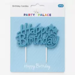 Party Palace Happy Birthday Themed Birthday Candle Cake Topper With Two Stand- Blue