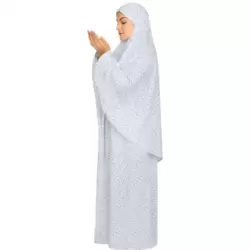 Women Long Sleeve Printed Islamic Full Body Long Prayer Dress- White