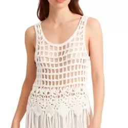 Sleeveless Floral Fringe One Piece Cover Crochet Knit Top for Women- White