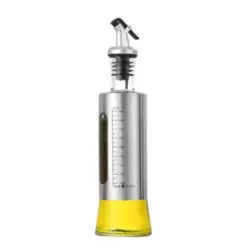 Portable Round Glass Edible Oil Dispenser With Stainless Steel Coating And Measuring Scale- Silver