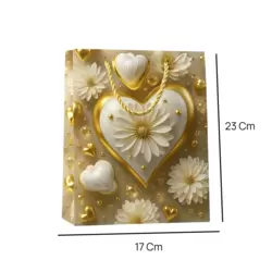 Golden Heart And White Flower Printed Kraft Paper Gift Bag- 17X23cm