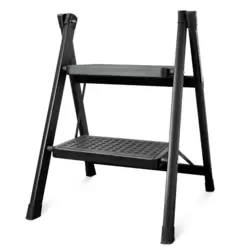Portable And Foldable 2 Step Folding Ladder Stool With Wide Anti Slip Pedal 42X64cm- Black