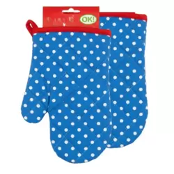 Heat Resistant Kitchen Insulated Padded Cotton Gloves With Polka Dots Design- Blue