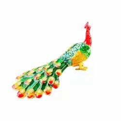Crystal Enameled Peacock Wings Down Figurine Trinket Box Jewelry Storage- Green