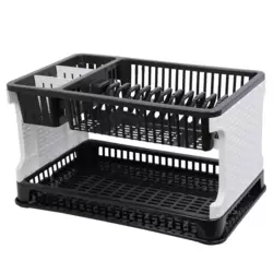 Double Tier Multifunctional Kitchen Dish Drainer Rack With Plastic Tray- Black And White
