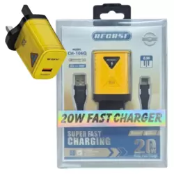 Recrsi 20W Fast Charger For Super Fast Charging With UK Plug And USB A Port Model CH-106Q- Yellow