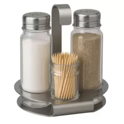 Glass Seasoning Bottle Set Of Salt Pepper And Toothpick Bottle In Silver Hook Stand- 3pcs Set