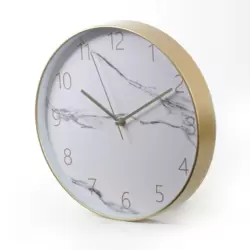 White Marble Designed Round Analogue Wall Clock With Gold Frame- Golden
