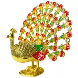 Gold Plated Crystal Enameled Peacock Figurine Trinket Box Jewelry Storage- Golden