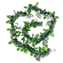 Christmas Tinsel Garland String With Greeb Leaves and Santa Figure Decoration- Green