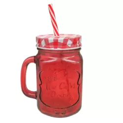 Mason Glass Jar Cup With Airtight Lid And Straw- Red