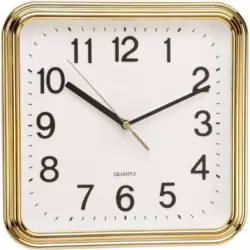 Quartz Battery Operated Square Analogue Wall Clock With Black Numbers- Golden